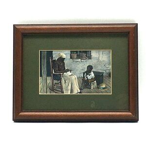 Vintage Framed Postcard African American Mother & Child Porch Scene Folk Art